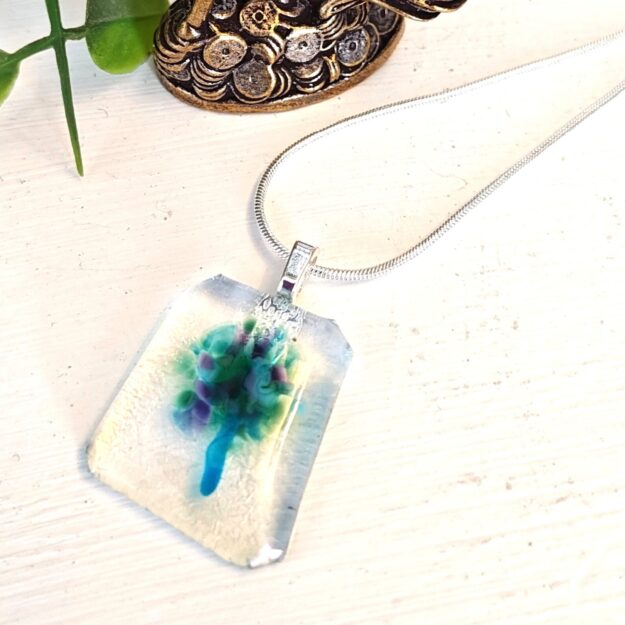 Iridescent clear purple green and blue asymmetrical pendant necklace, One of a kind artisan handmade jewelry