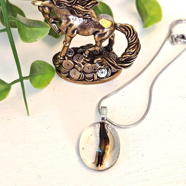Clear with black and iridescent dichroic features pendant necklace, Unique artisan handmade jewelry