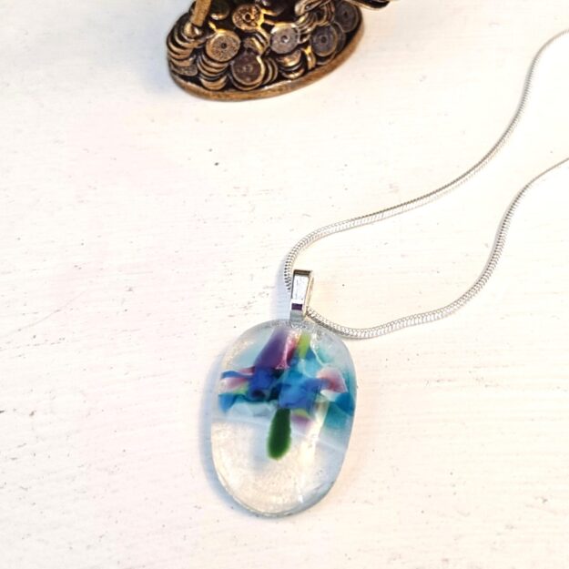 Clear with flowy blue, purple and white abstract flower pendant necklace, One of a kind artisan handmade jewelry