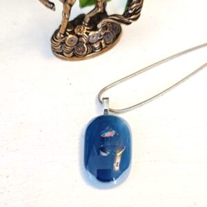 Blue and iridescent dichroic oval pendant necklace, Unique abstract artisan handmade jewelry