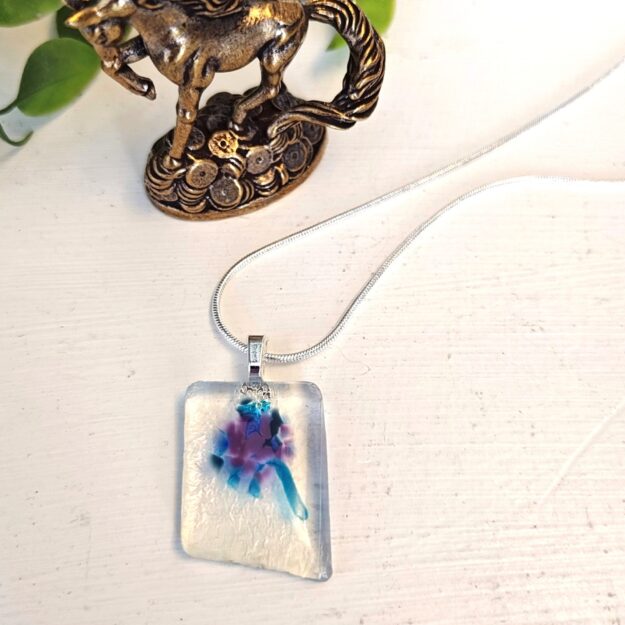 Iridescent clear blue & purple abstract flower pendant necklace, Asymmetric handmade one of a kind fused glass jewelry