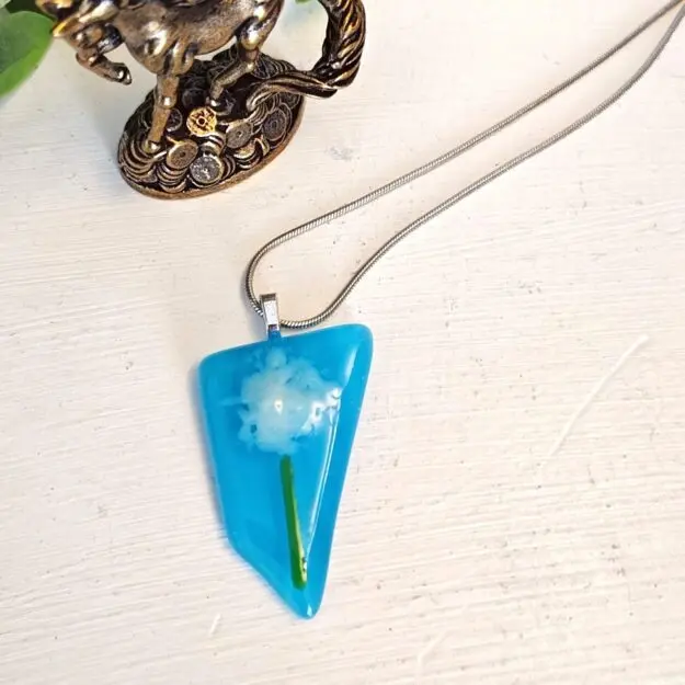 Bright blue asymmetric abstract flower pendant necklace, One of a kind textured handmade festival jewelry