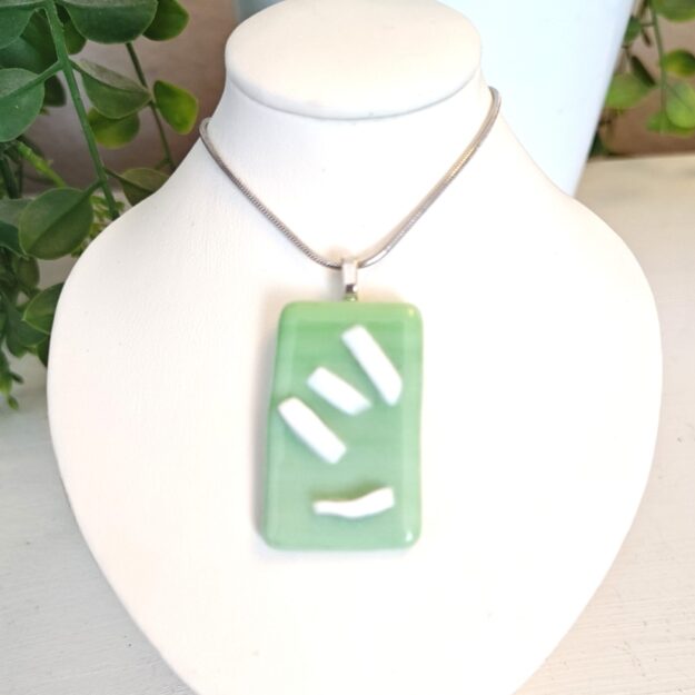 Pastel green and white textured pendant necklace, Unique hang loose abstract handmade festival style jewelry