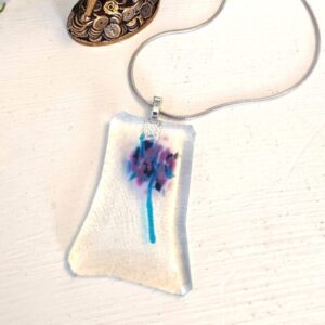 Statement asymmetric purple & blue abstract flower pendant necklace, One of a kind artisan iridescent handmade jewelry