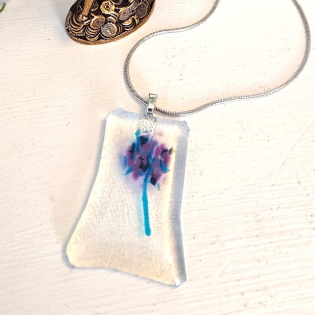 Statement asymmetric purple & blue abstract flower pendant necklace, One of a kind artisan iridescent handmade jewelry