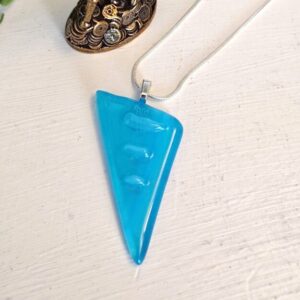 90s style bright blue abstract triangle textured pendant necklace, Unique artisan handmade jewelry
