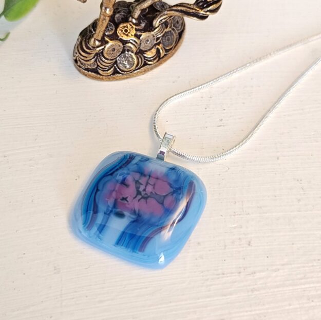 Asymmetrical blue with purple abstract flower pendant necklace, Unique handmade festival jewelry