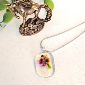 Peach orange brown cream abstract flower on clear pendant necklace, Oval one of a kind festival jewelry