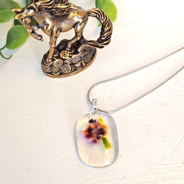 Peach orange brown cream abstract flower on clear pendant necklace, Oval one of a kind festival jewelry