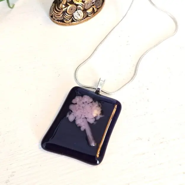 Dark purple with abstract lavender flower pendant necklace, Asymmetrical handmade jewelry