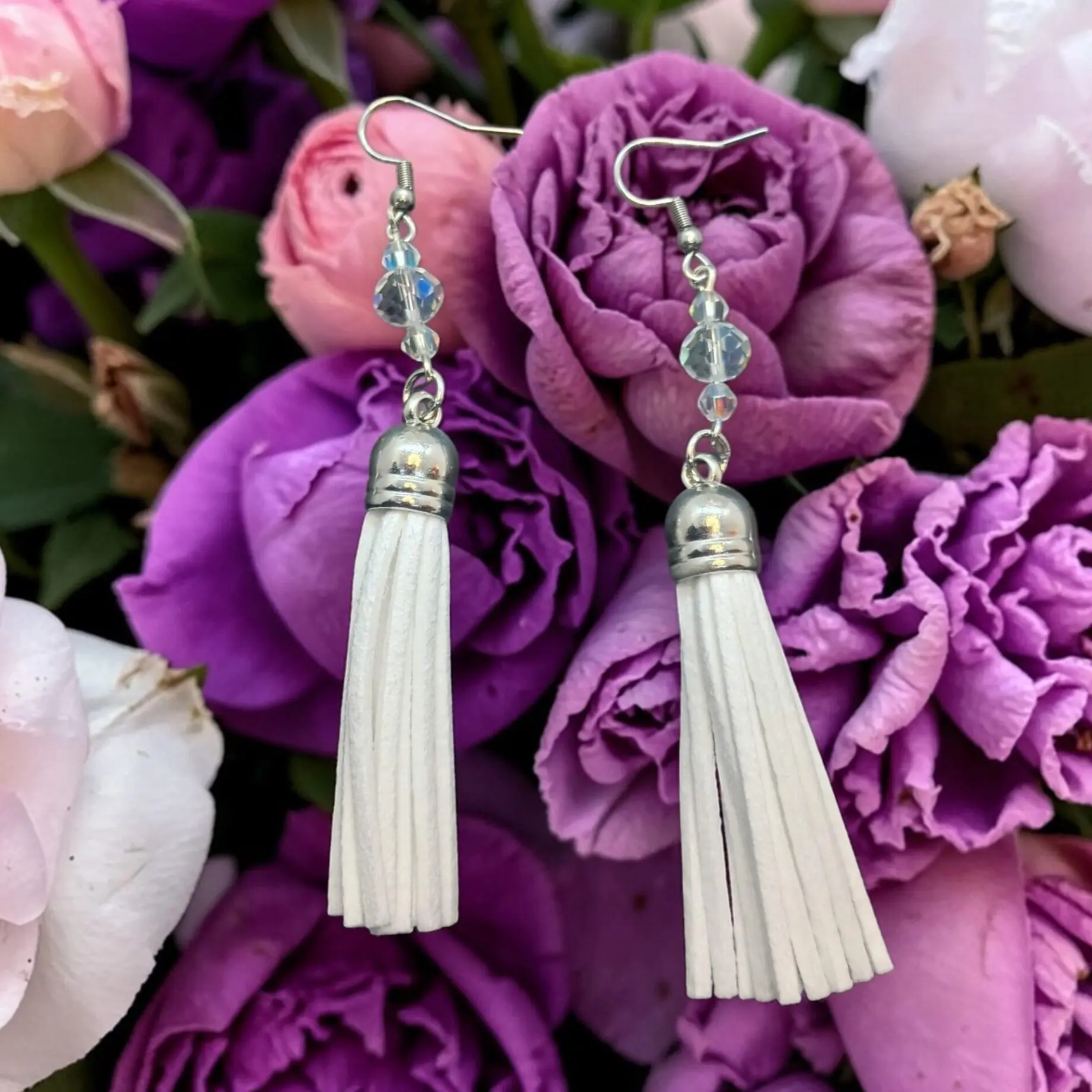 ✨ Icy Glam White Tassel Dangle Earrings with Crystal Sparkle ✨ Modern Boho