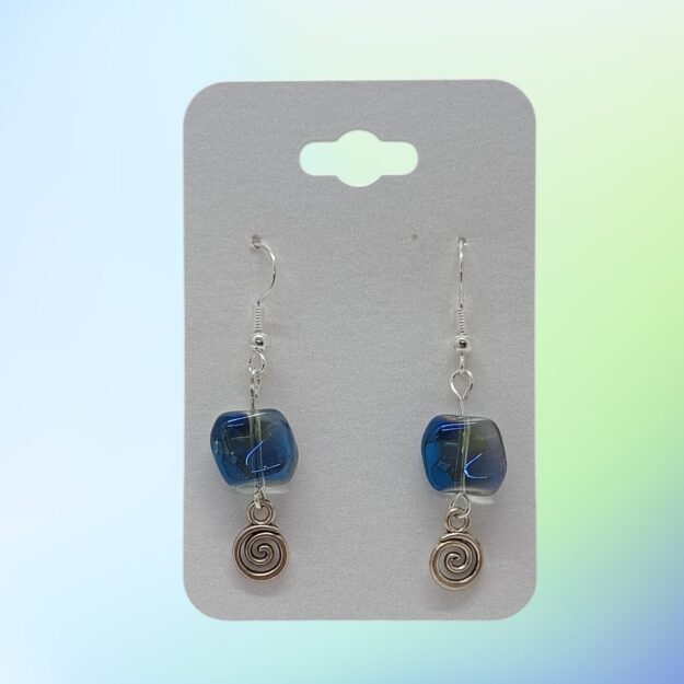 Iridescent Blue Glass Bead with Silver Spiral Accent Dangle Earrings