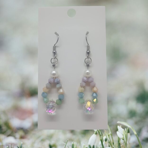 Pastel Rainbow Crystal & Pearl Teardrop Dangle Whimsical Boho Earrings