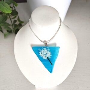Bright Blue Triangle with Abstract Flower Pendant Necklace, Handcrafted Festival Jewelry
