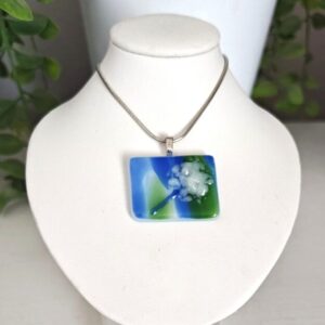 Green blue and cream abstract flower pendant necklace, Handmade one of a kind festival jewelry