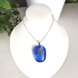 Translucent blue with pink green abstract flower pendant necklace, One of a kind handmade jewelry