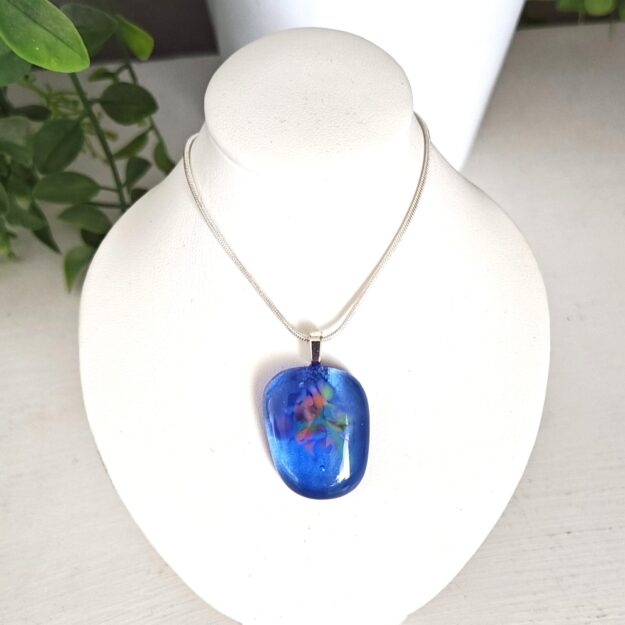 Translucent blue with pink green abstract flower pendant necklace, One of a kind handmade jewelry