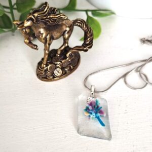 Spring Summer colors clear purple blue and cream abstract flower pendant necklace, Festival jewelry