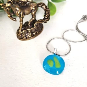 Handmade bright blue and chartreuse green round pendant necklace, One of a kind abstract artisan made jewelry