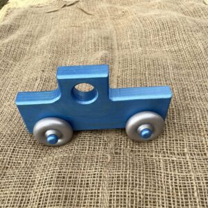 Handmade Wooden Toy Truck, Blue Painted Body with Silver Wheels, Child-Safe Finish