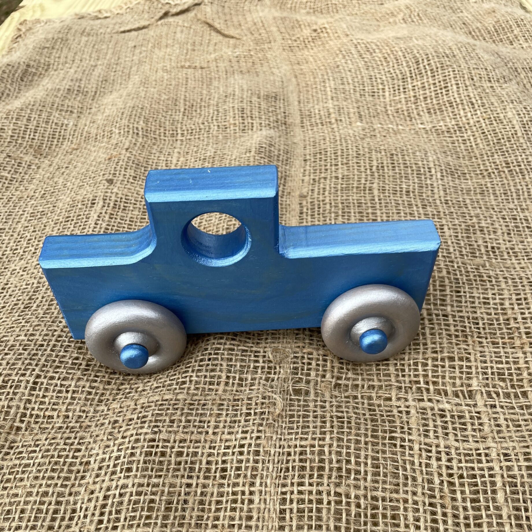 Handmade Wooden Toy Truck, Blue Painted Body with Silver Wheels, Child-Safe Finish