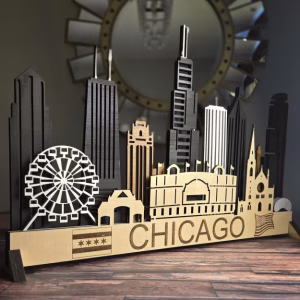 3D Chicago Cityscape: Sculptures Laser Cut Wooden Wall Art with LED Backlight