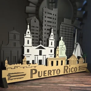 3D Puerto Rico City Skyline: Sculptures Laser Cut Wood Wall Art with LED