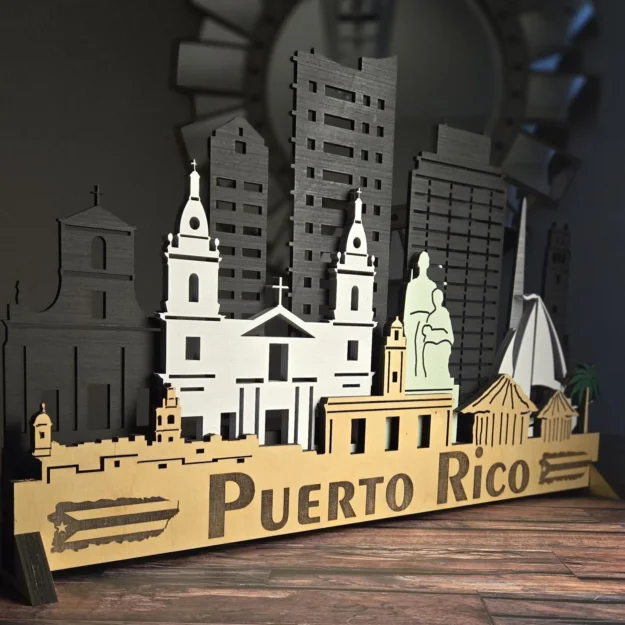 3D Puerto Rico City Skyline: Sculptures Laser Cut Wood Wall Art with LED