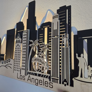 Los Angeles City Skyline 3D Wooden Wall Art: Sculptures LED Backlight & Remote