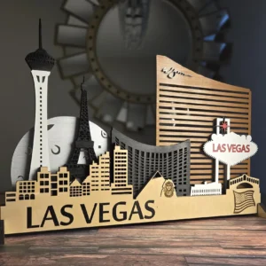 Laser Cut Las Vegas City Skyline: Sculptures 3D Birch Wood Wall Art with LED