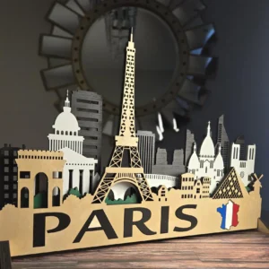 3D Paris City Skyline: Sculptures Laser Cut Wood Wall Art with LED