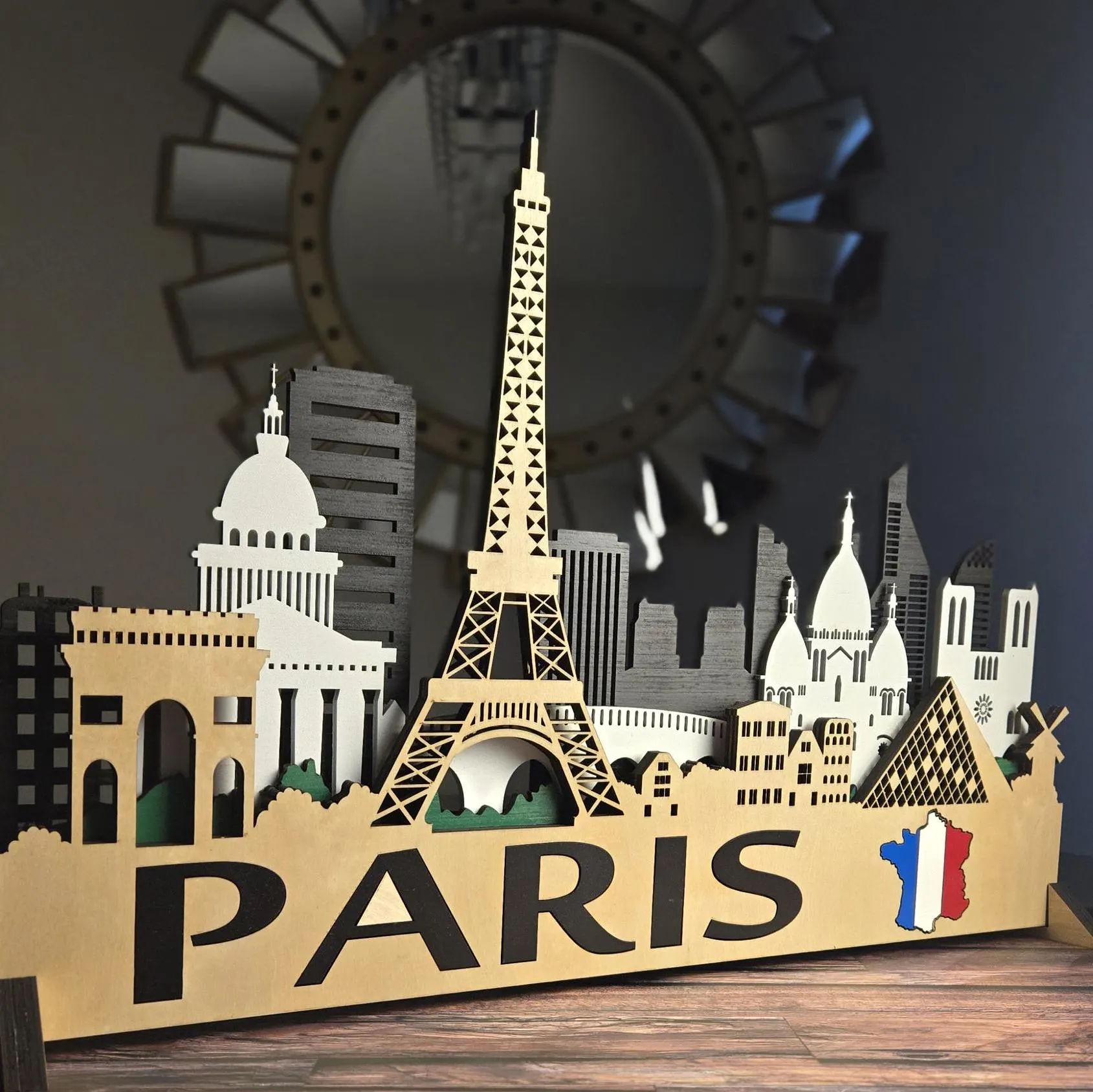3D Paris City Skyline: Sculptures Laser Cut Wood Wall Art with LED