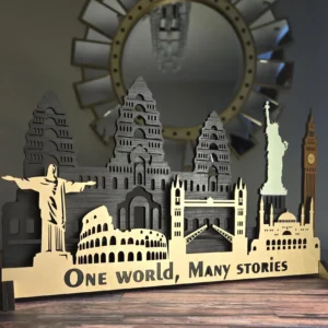 Sculptures 3D Laser Cut Wooden World Skyline Wall Art with LED Backlight