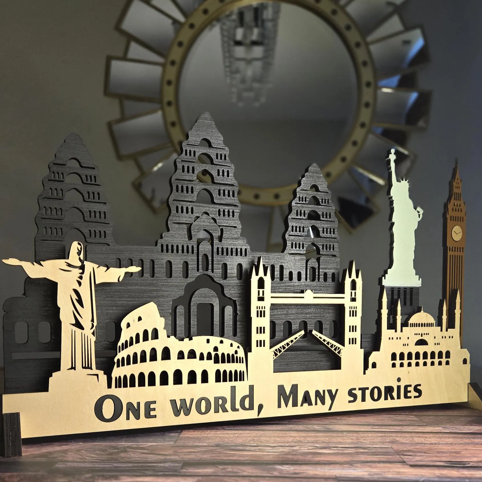 Sculptures 3D Laser Cut Wooden World Skyline Wall Art with LED Backlight