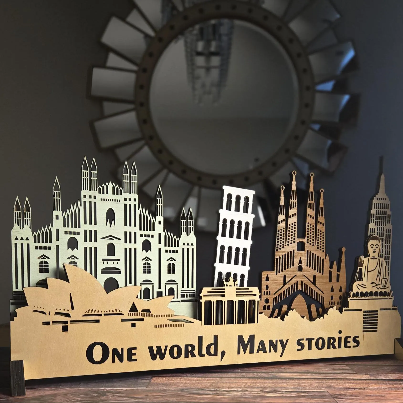 Sculptures 3D Laser Cut Wood Cityscape Wall Art with LED Backlight