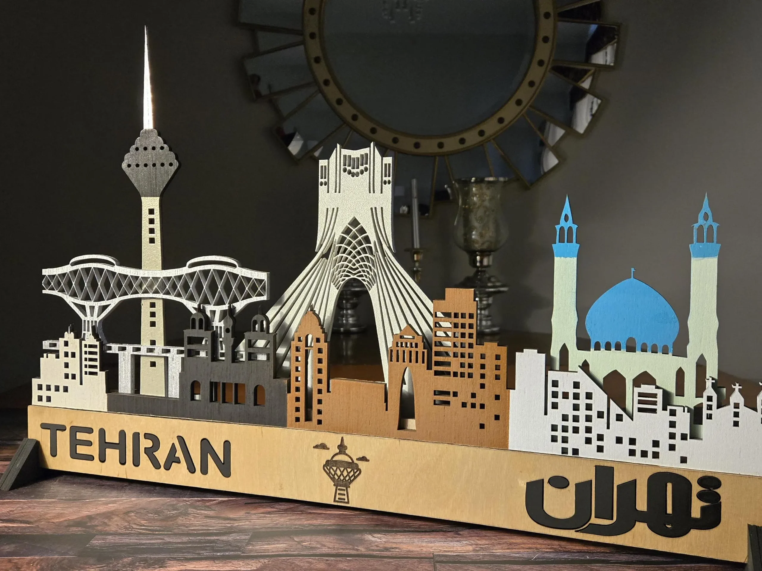 Tehran City Skyline: Sculptures 3D Layered Wooden Wall Art with LED Backlight