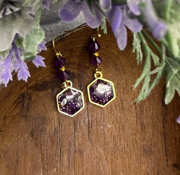 Purple Hexagon Resin Earrings — Handmade Gold Dangles for Everyday Sparkle - Image 4