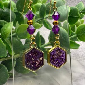Purple Hexagon Resin Earrings — Handmade Gold Dangles for Everyday Sparkle