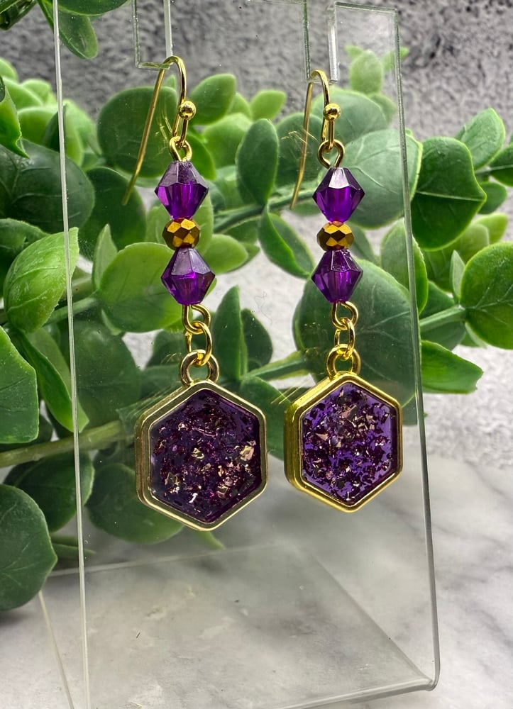 Purple Hexagon Resin Earrings — Handmade Gold Dangles for Everyday Sparkle