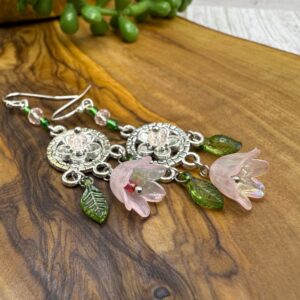 [SOLD OUT] Pink Flower Chandelier Earrings | Glass Blossom Dangle Earrings | Garden Fairy Jewelry