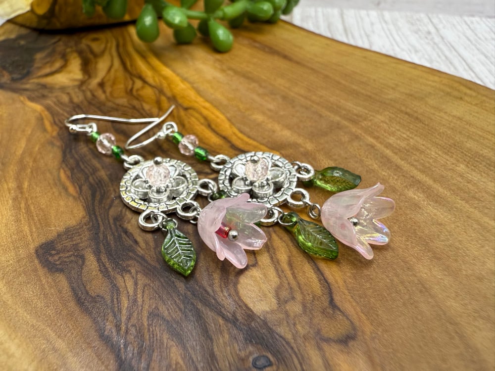 Pink Flower Chandelier Earrings | Glass Blossom Dangle Earrings | Garden Fairy Jewelry